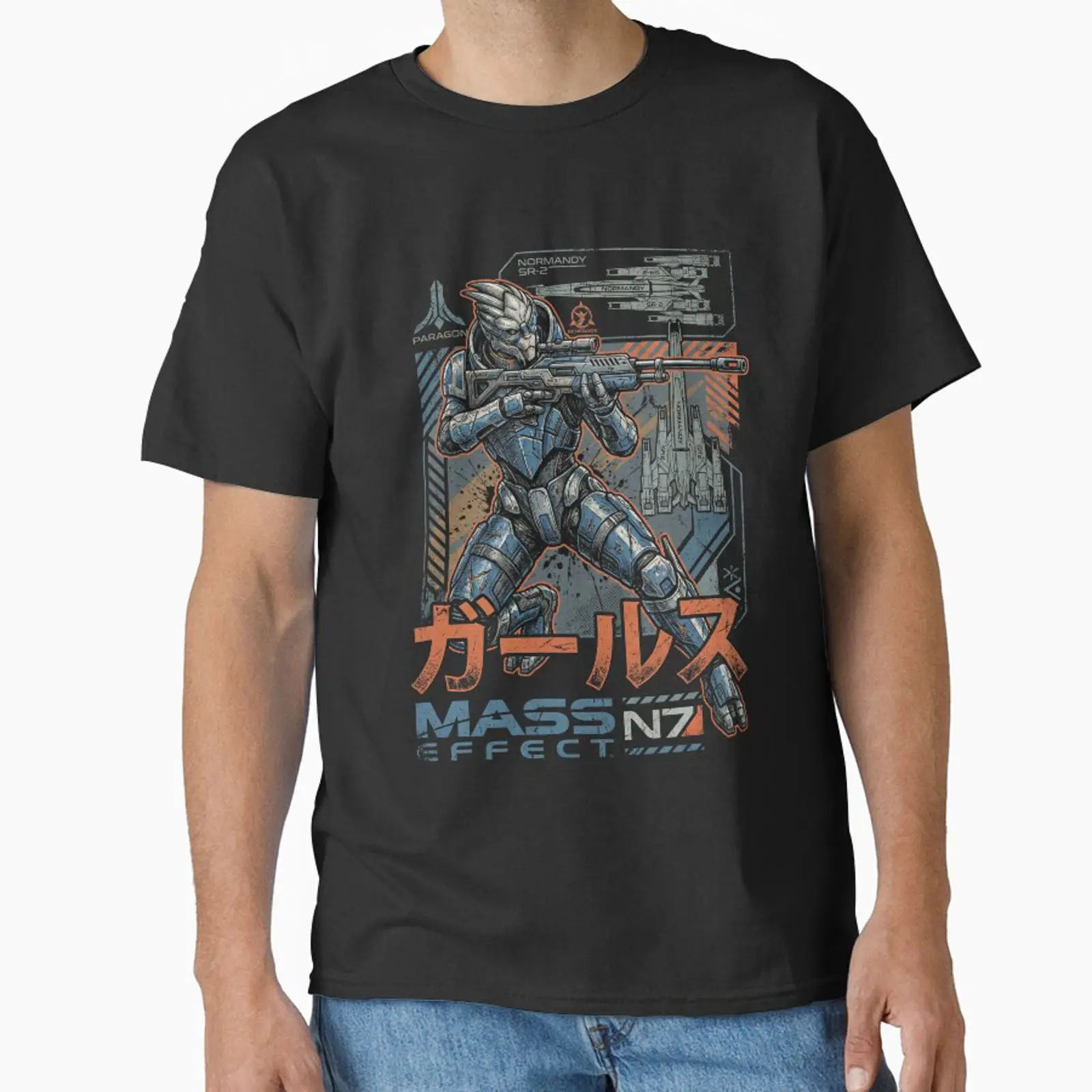 Retro Gaming T Shirt - ガラス・ヴァカリアン マスエフェクト N7 トゥリアン・スナイパー レトロ和風Tシャツ ノルマンディー・アーチエンジェル